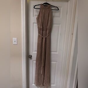 Taylor Shimmery Taupe Halter Jumpsuit